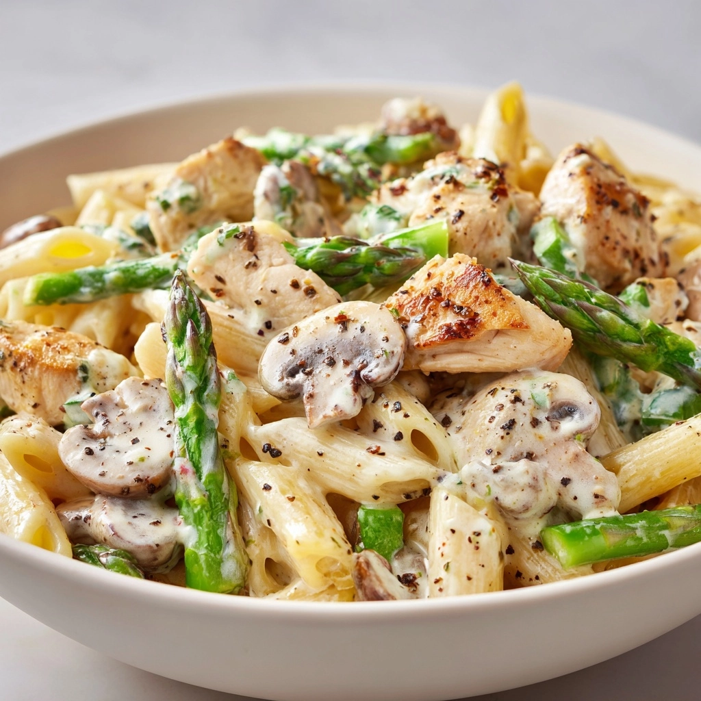 Creamy Mushroom and Asparagus Chicken Penne Recipe - Recipe Image