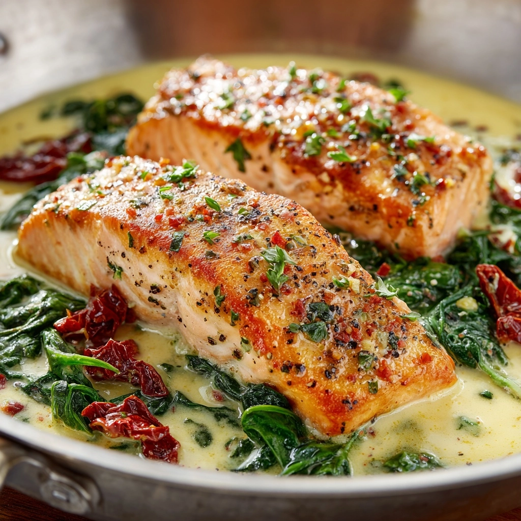 Creamy Garlic Butter Tuscan Salmon Recipe - Recipe Image