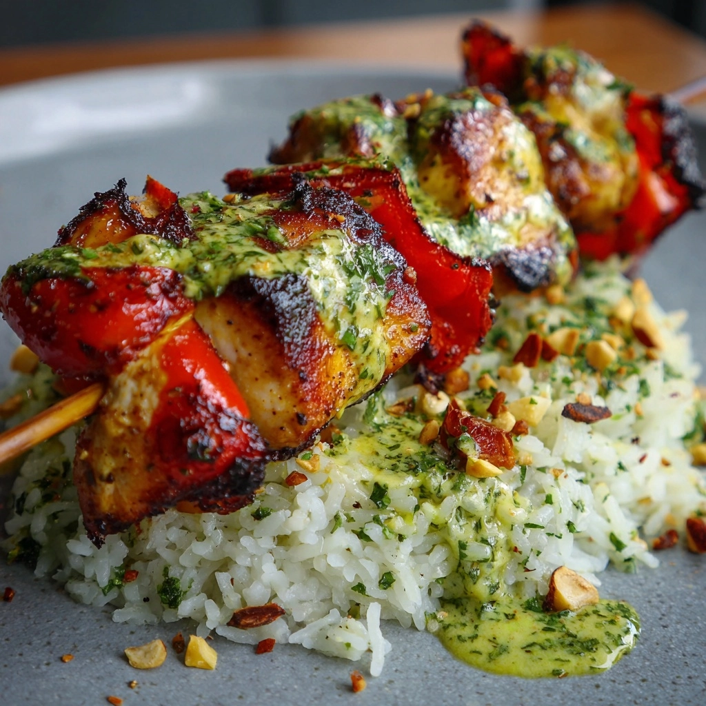 Thai Spicy Basil Chicken Skewers with Cashew Sauce and Gremolata Topping Recipe - Recipe Image