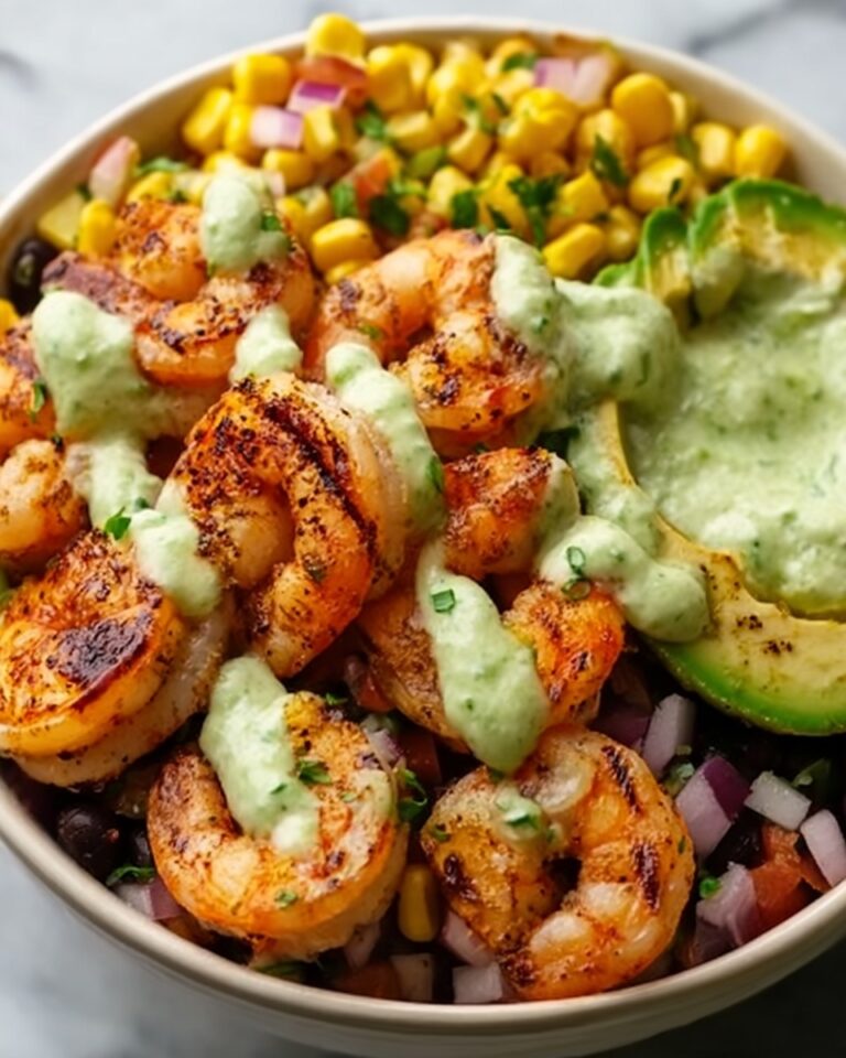 Grilled Shrimp Bowl with Avocado Corn Salsa and Creamy Sauce Recipe