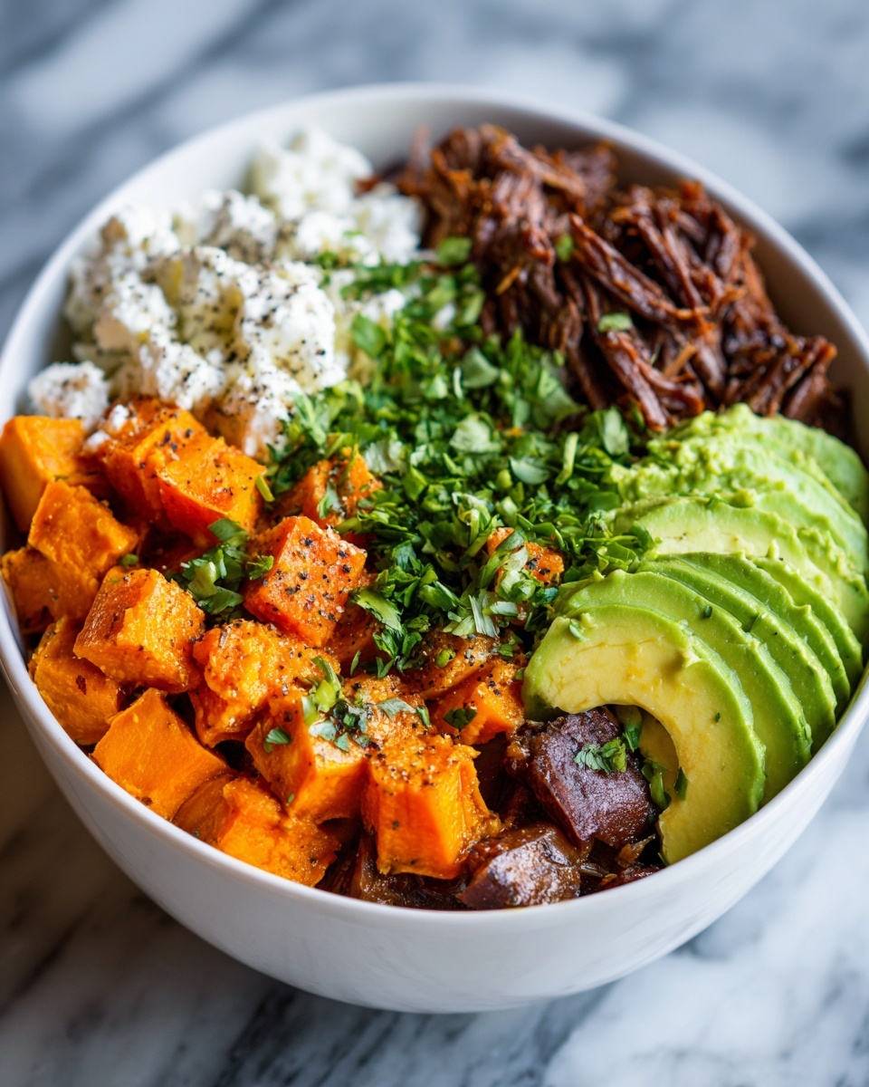 Tofu and Ground Beef Bowls with Roasted Sweet Potatoes, Cottage Cheese, and Hot Honey Recipe - Recipe Image