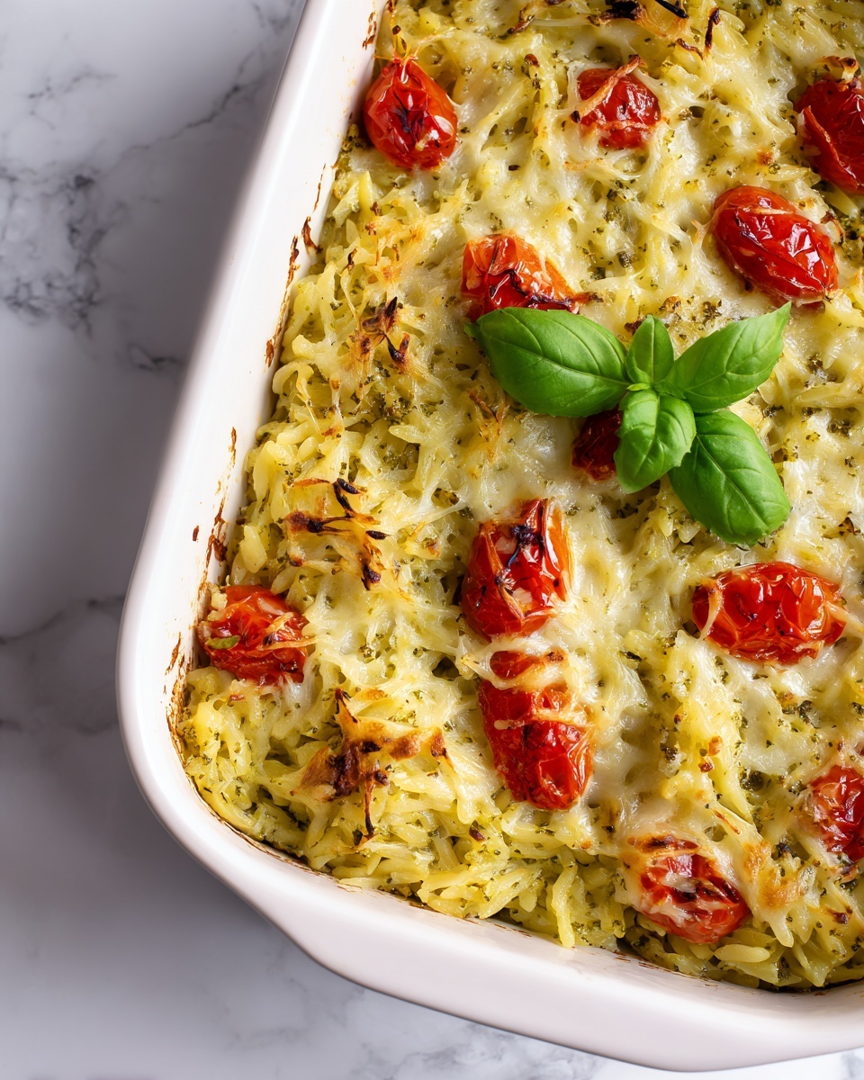 One Pan Caprese Pesto Orzo Bake Recipe - Recipe Image