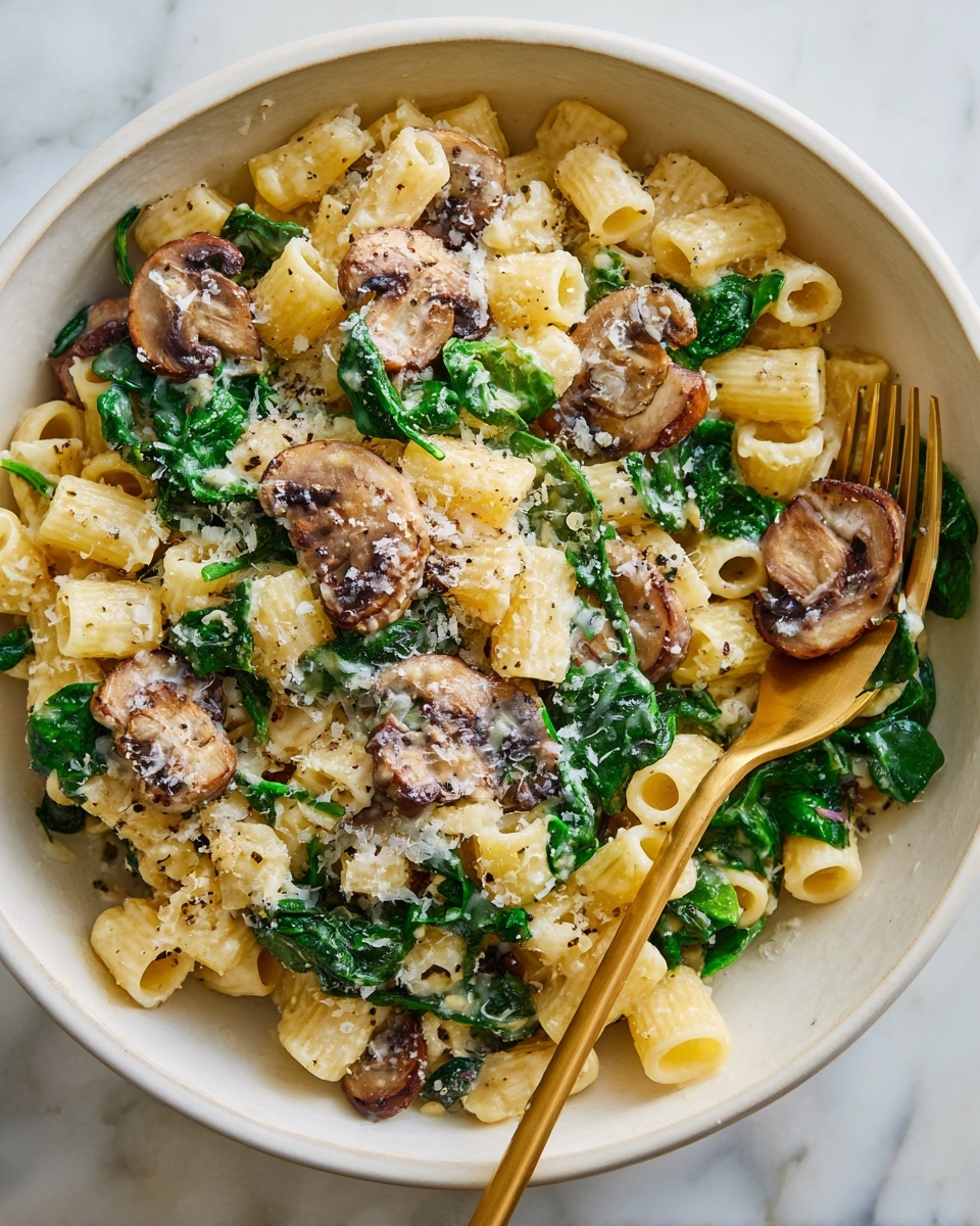 Creamy Parmesan Spinach Mushroom Pasta Recipe - Recipe Image