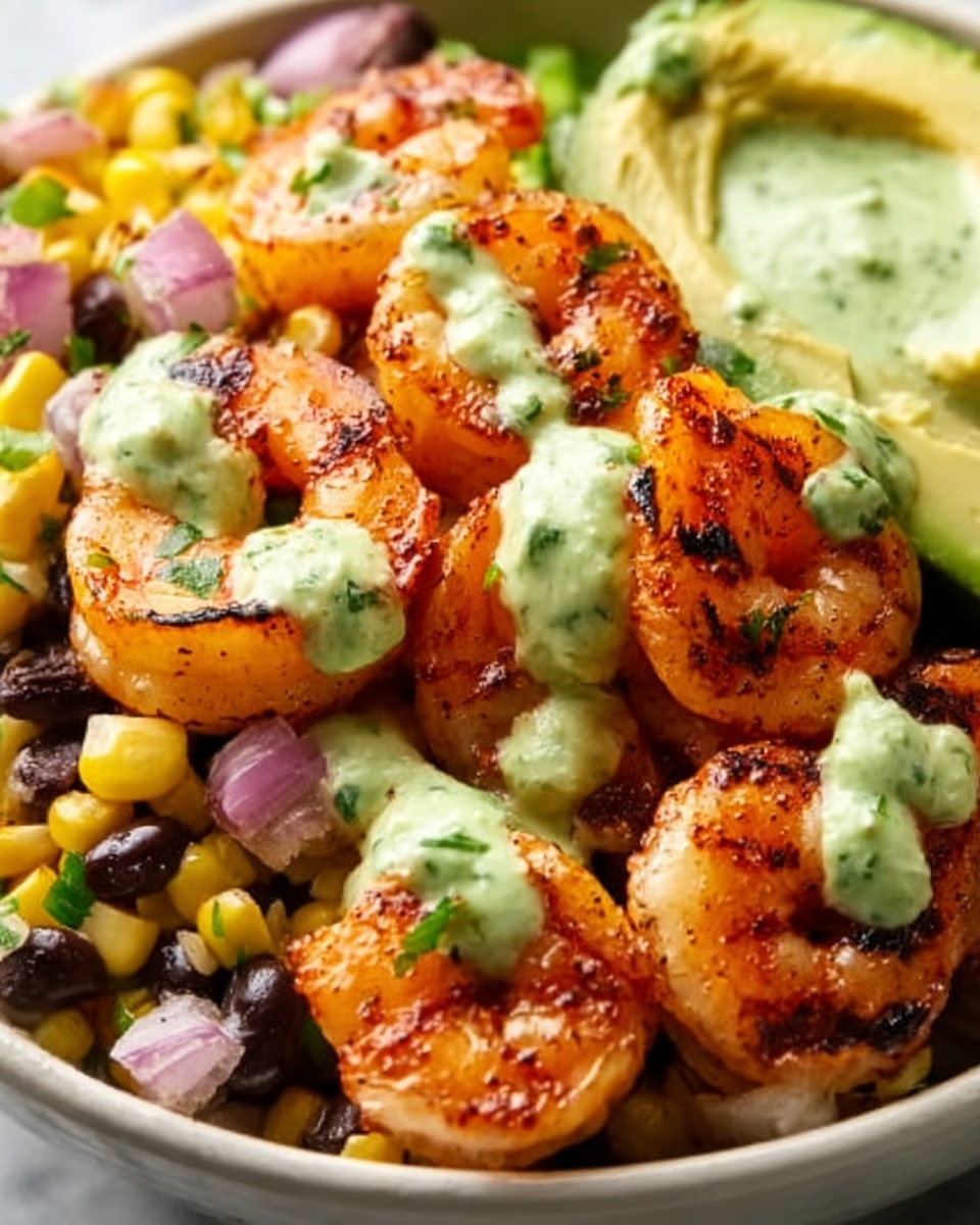 Grilled Shrimp Bowl with Avocado Corn Salsa and Creamy Sauce Recipe - Recipe Image