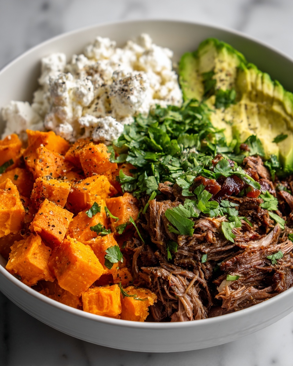 Tofu and Ground Beef Bowls with Roasted Sweet Potatoes, Cottage Cheese, and Hot Honey Recipe - Recipe Image