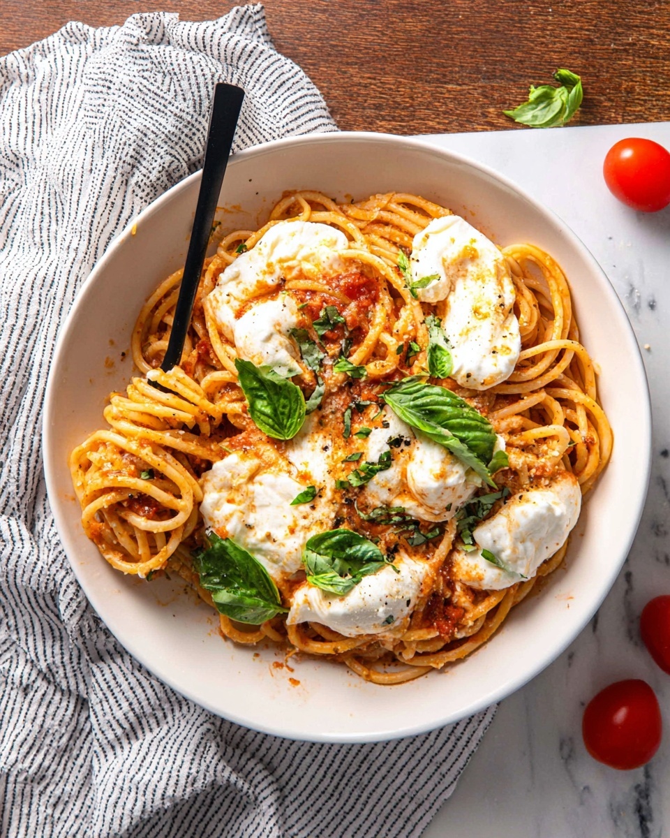 Creamy Burrata Pasta with Cherry Tomatoes and Basil Recipe - Recipe Image
