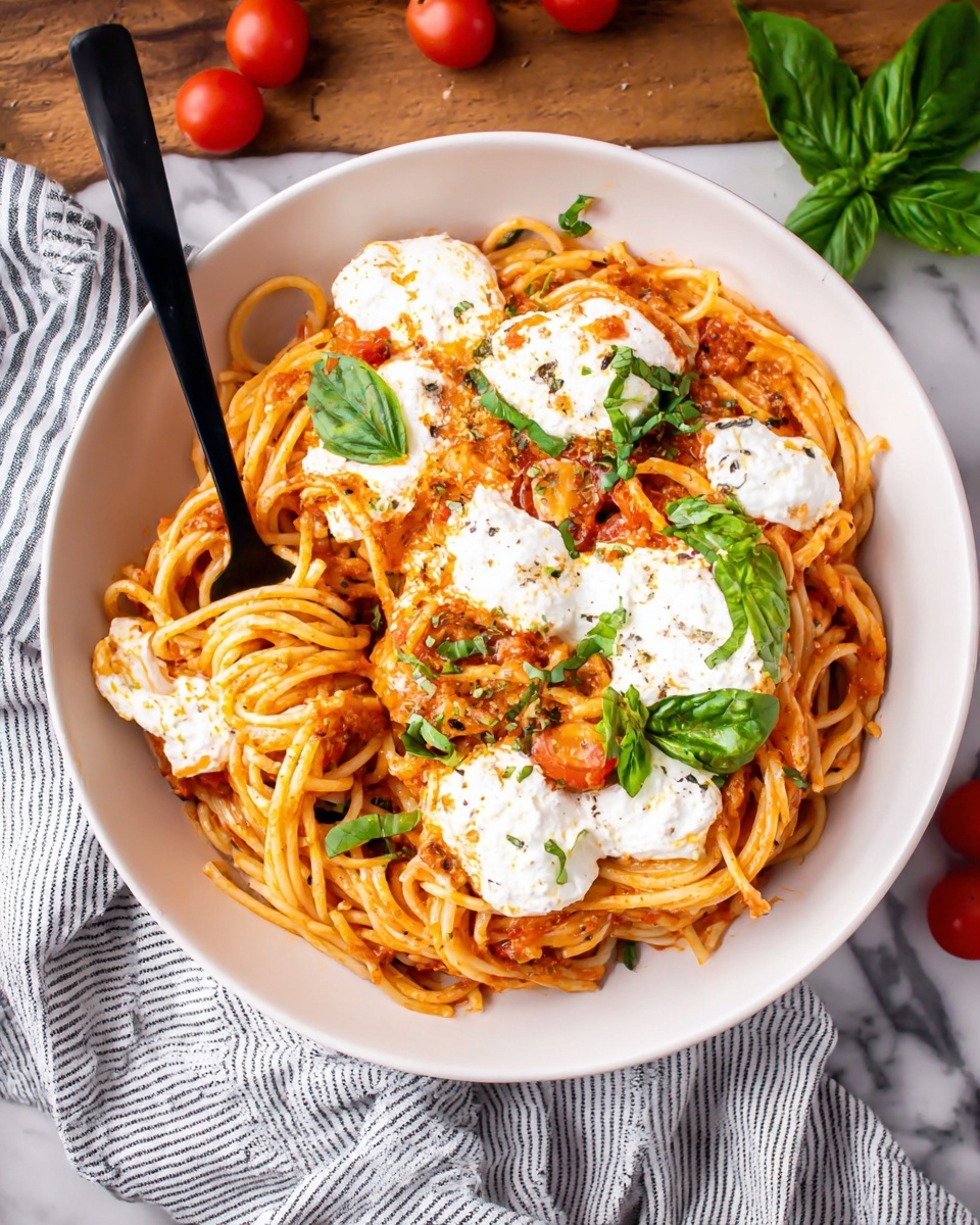 Creamy Burrata Pasta with Cherry Tomatoes and Basil Recipe - Recipe Image