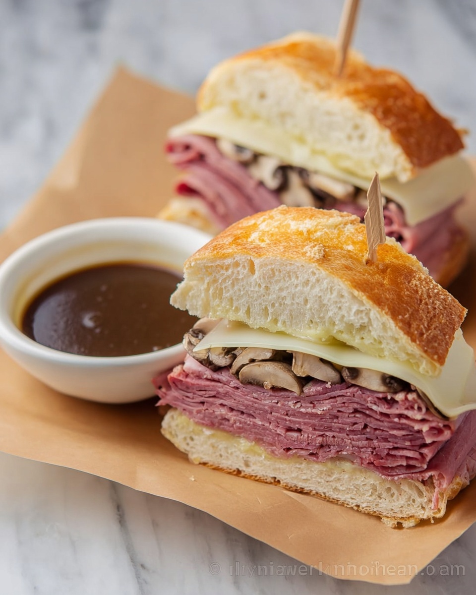 French Dip Pastrami Sandwich with Mushroom Au Jus Recipe - Recipe Image