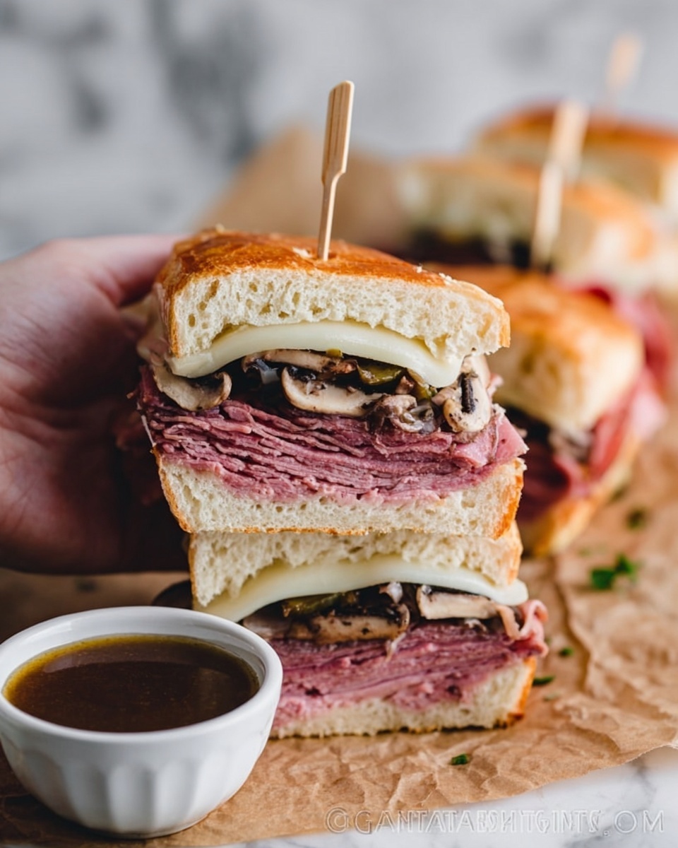 French Dip Pastrami Sandwich with Mushroom Au Jus Recipe - Recipe Image