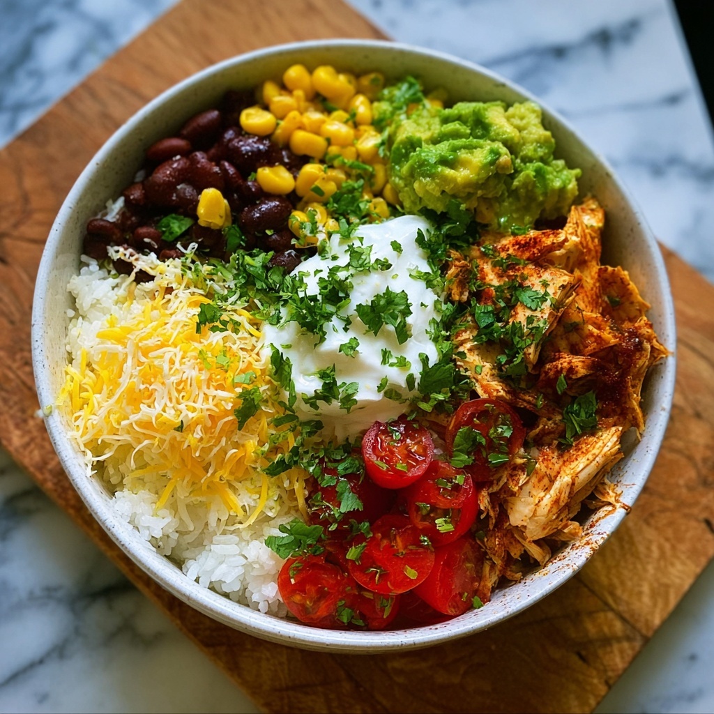 Creamy Chicken Burrito Bowl with Avocado and Cilantro Recipe - Recipe Image