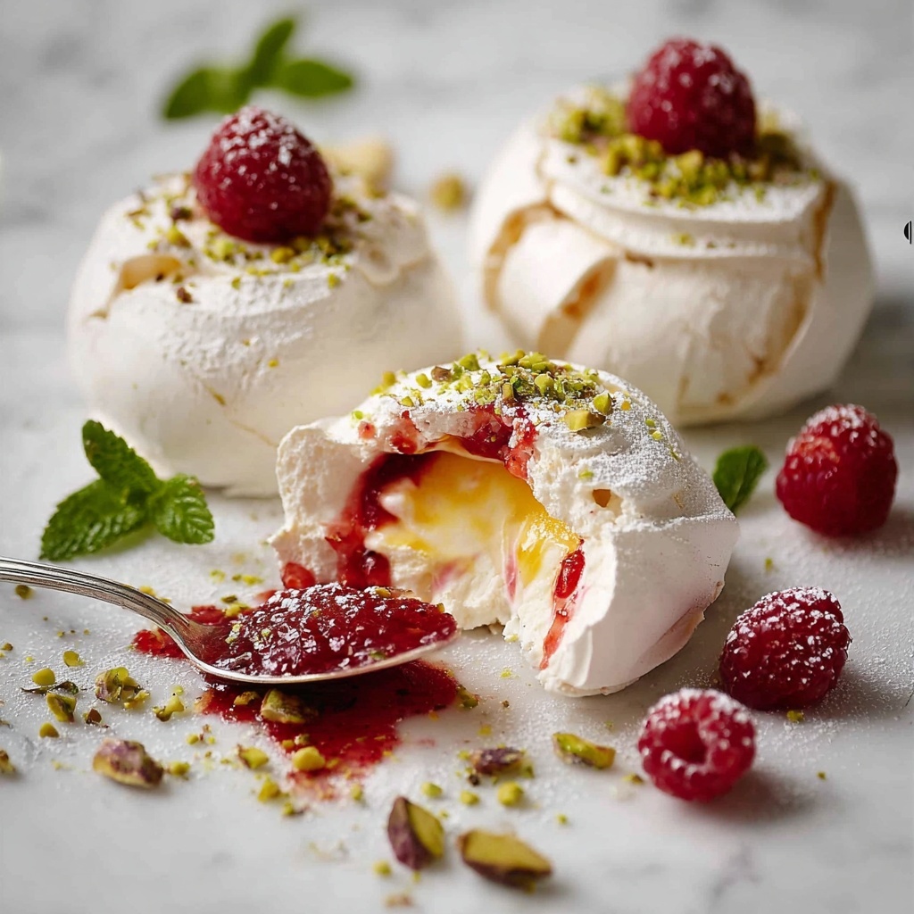 Pavlova Bombs with Raspberry Coulis and Lemon Curd Recipe - Recipe Image