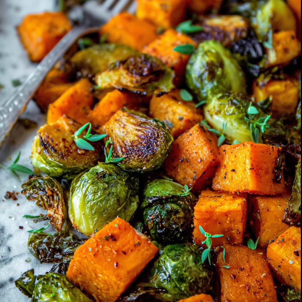 Oven Roasted Sweet Potatoes and Brussels Sprouts Recipe - Recipe Image