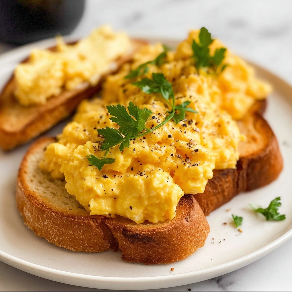 Creamy Scrambled Eggs with Toasted Buttered Bread Recipe - Recipe Image