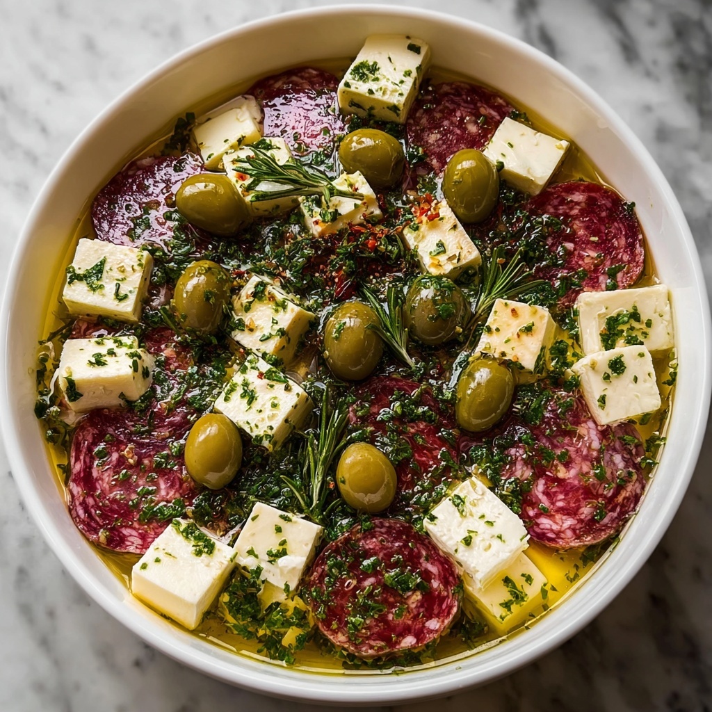 Marinated Cheese Appetizer with Salami and Green Olives Recipe - Recipe Image