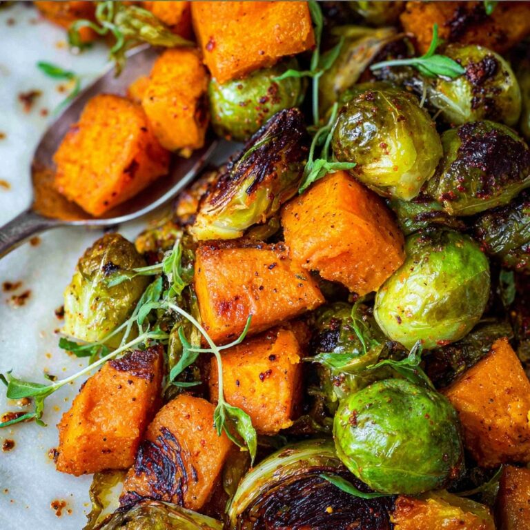 Oven Roasted Sweet Potatoes and Brussels Sprouts Recipe