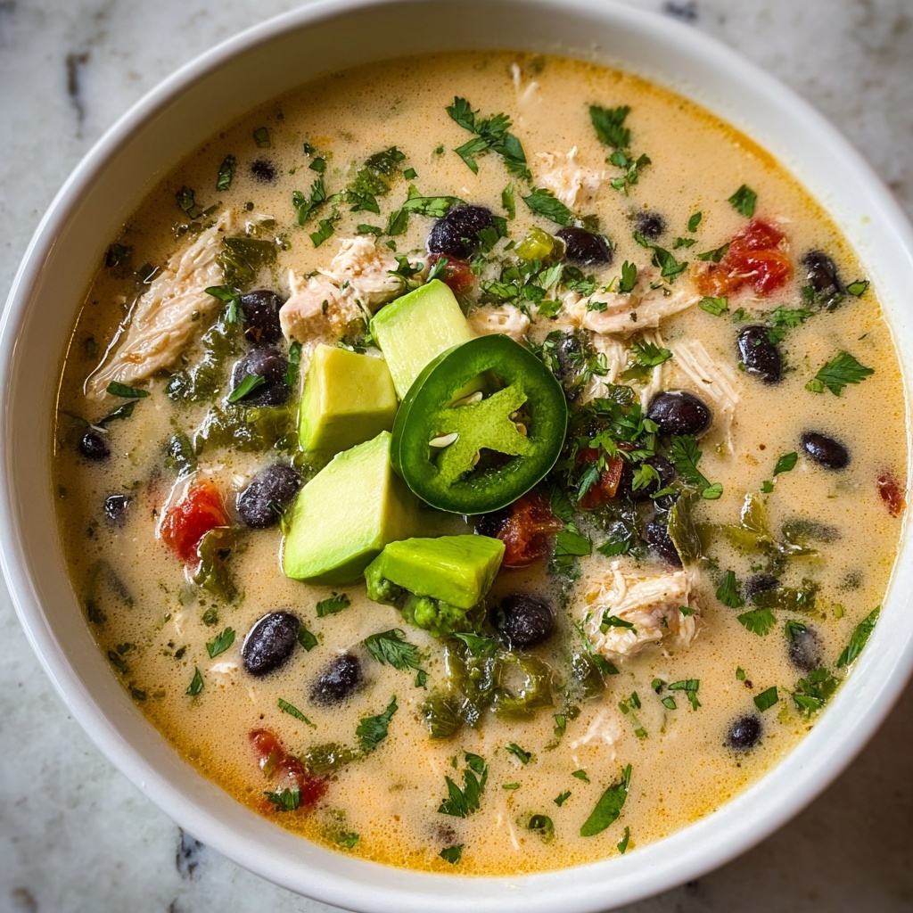 Creamy Chicken Soup with Poblanos and Black Beans Recipe - Recipe Image