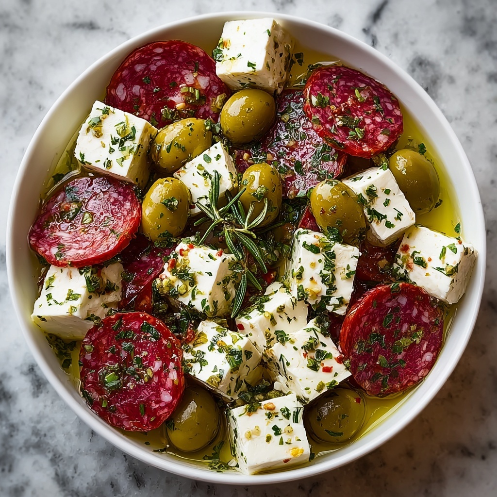 Marinated Cheese Appetizer with Salami and Green Olives Recipe - Recipe Image
