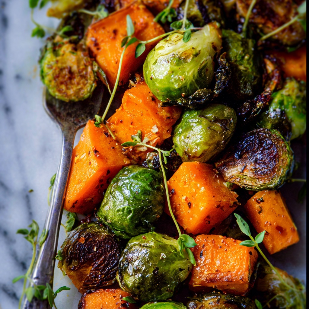 Oven Roasted Sweet Potatoes and Brussels Sprouts Recipe - Recipe Image