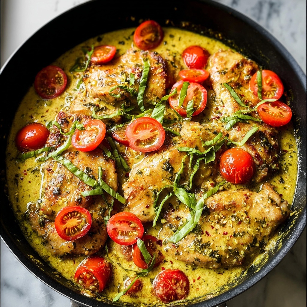 Pesto Chicken with Cherry Tomatoes and Creamy Sauce Recipe - Recipe Image