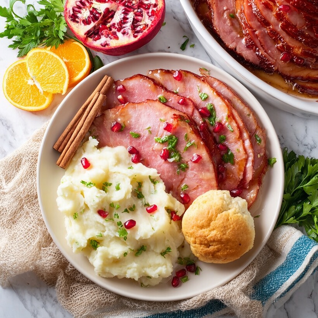 Christmas Spiral Ham with Orange Honey Glaze and Pomegranate Garnish Recipe - Recipe Image
