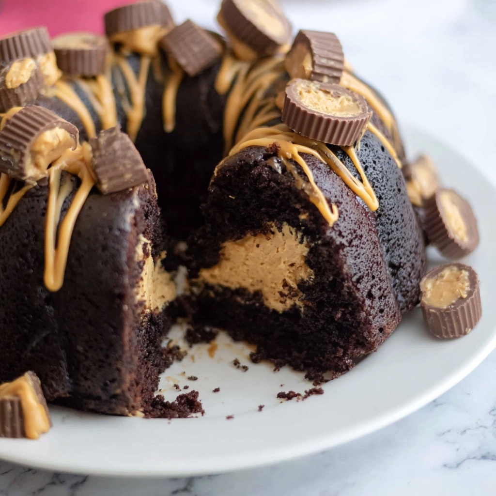 Chocolate Peanut Butter Bundt Cake with Ganache and Mini Reese's Cups Recipe - Recipe Image