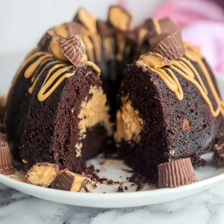 Chocolate Peanut Butter Bundt Cake with Ganache and Mini Reese’s Cups Recipe