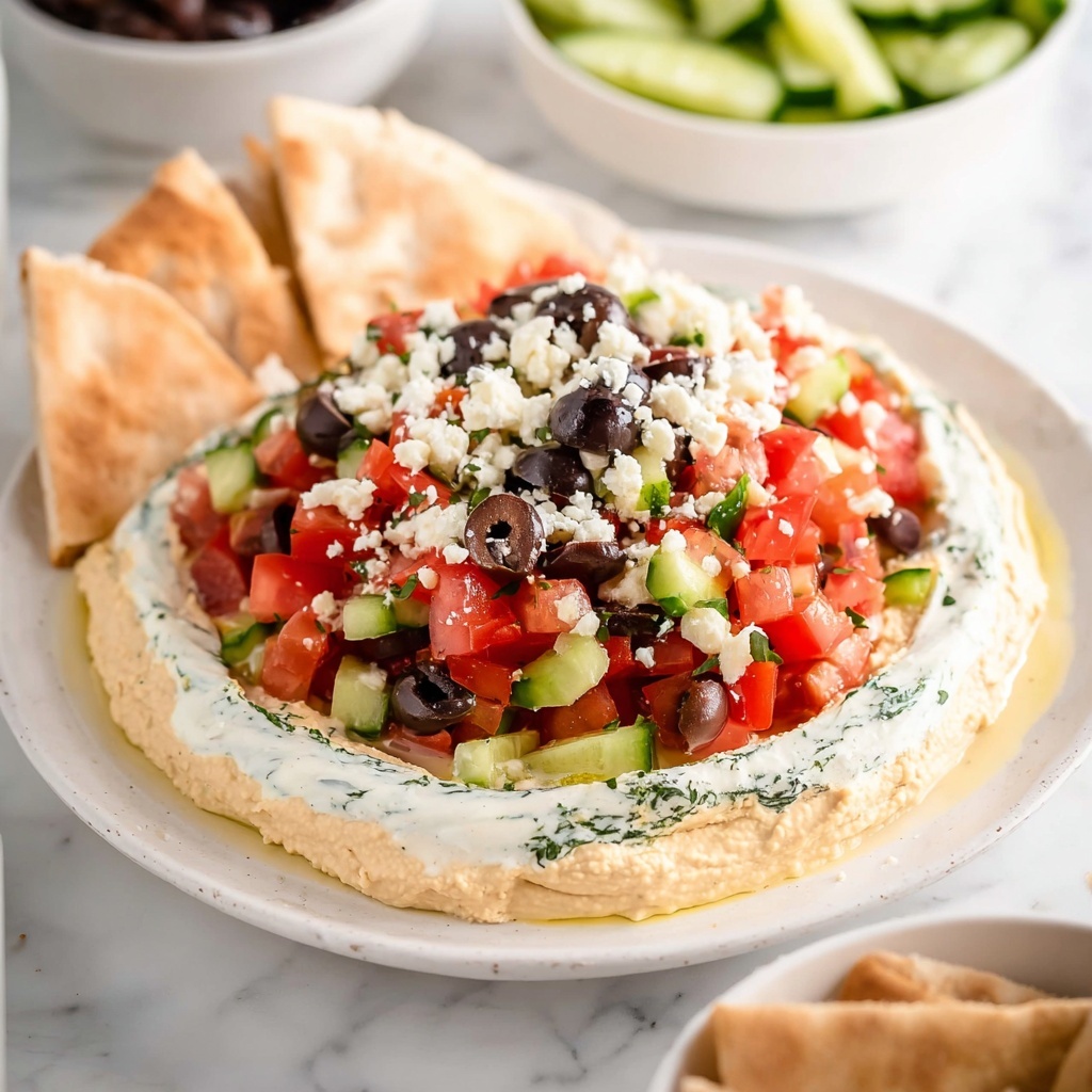 Layered Hummus Dip with Tzatziki, Vegetables, and Feta Recipe - Recipe Image