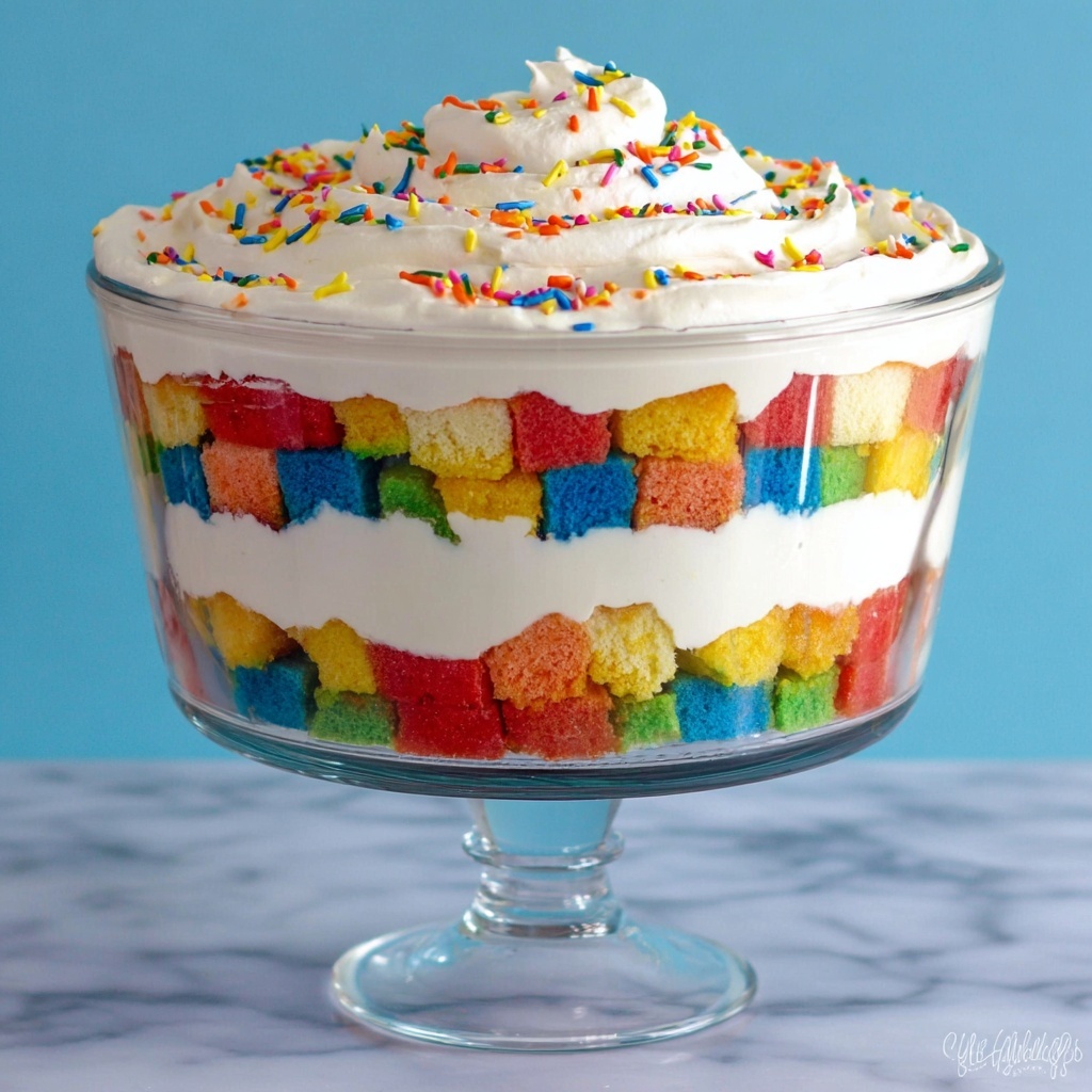 Rainbow Layered Cake Trifle with White Chocolate Pudding and Rainbow Sprinkles Recipe - Recipe Image