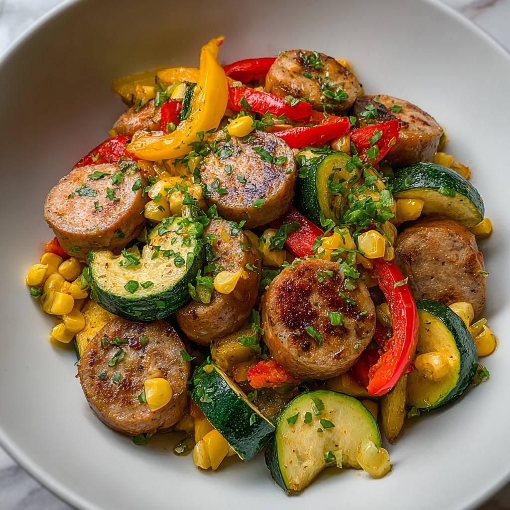 Sausage and Veggies Skillet with Bell Peppers, Zucchini, and Corn Recipe - Recipe Image