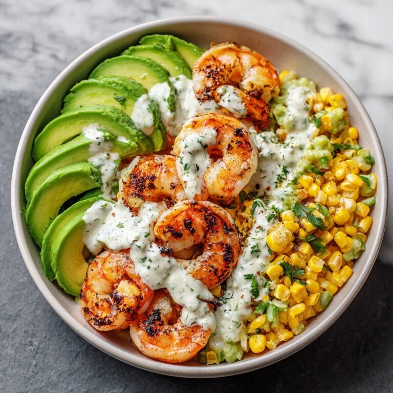 Grilled Shrimp Bowl with Avocado, Corn Salsa & Creamy Garlic Sauce Recipe
