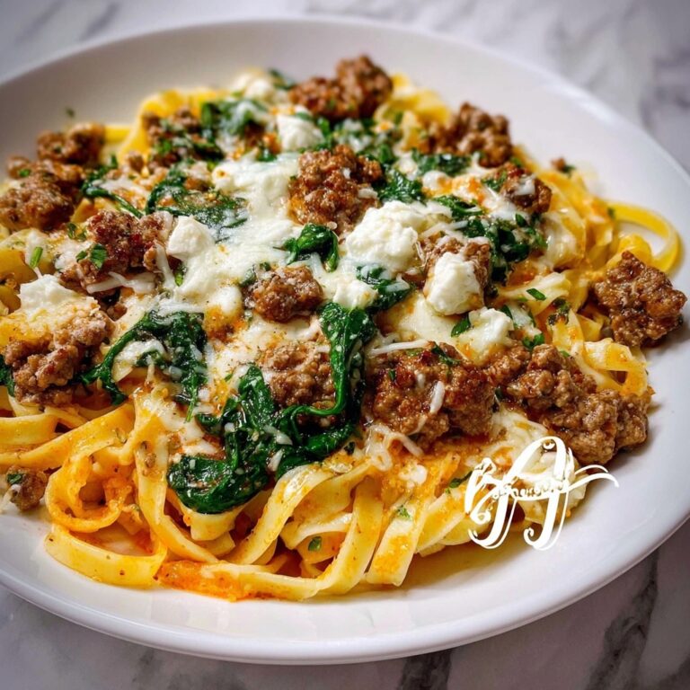 Cheesy Garlic Butter Linguine with Beef, Sausage, and Spinach Recipe