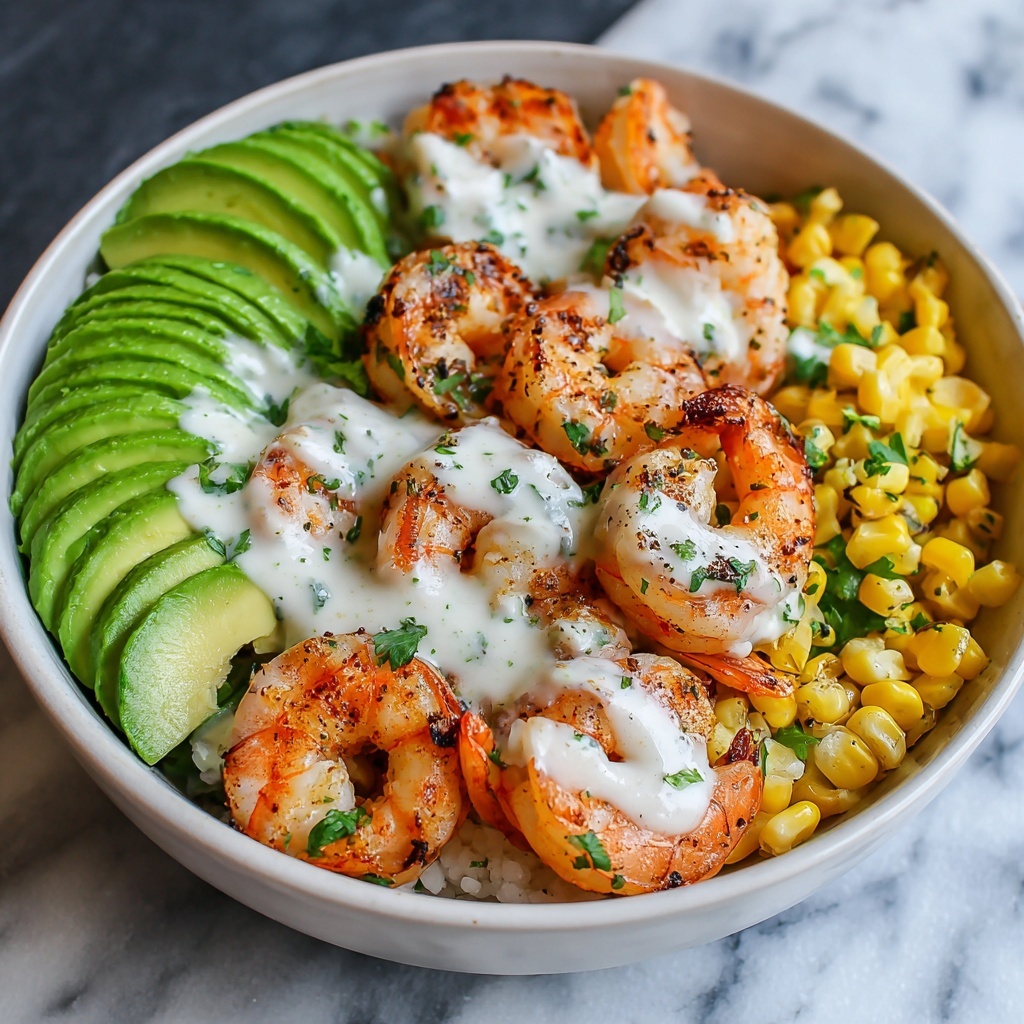 Grilled Shrimp Bowl with Avocado, Corn Salsa & Creamy Garlic Sauce Recipe - Recipe Image