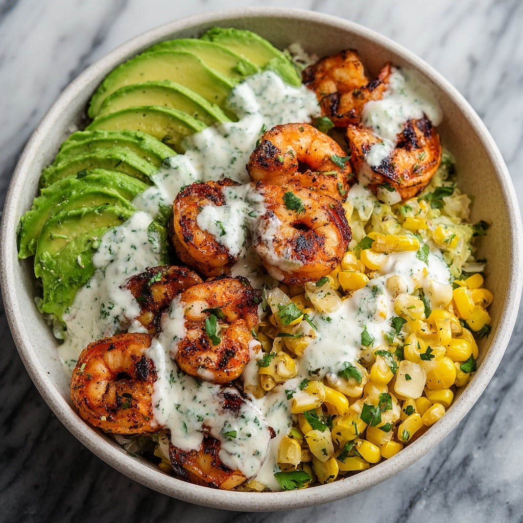 Grilled Shrimp Bowl with Avocado, Corn Salsa & Creamy Garlic Sauce Recipe - Recipe Image