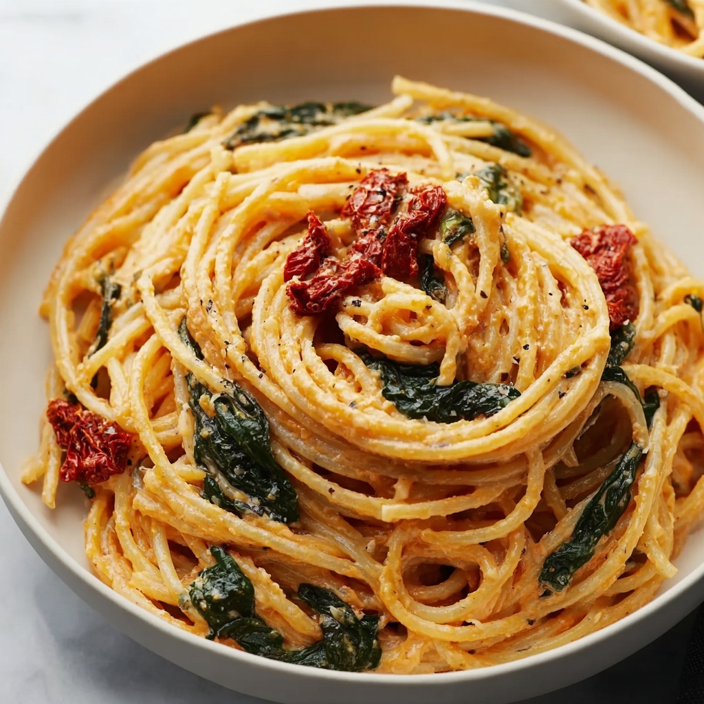 Spaghetti & Spinach with Sun-Dried Tomato Cream Sauce Recipe - Recipe Image