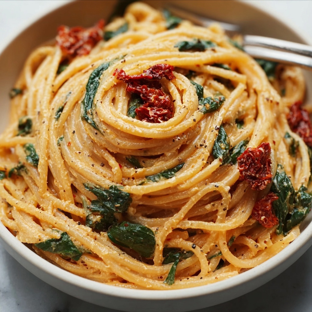 Spaghetti & Spinach with Sun-Dried Tomato Cream Sauce Recipe - Recipe Image
